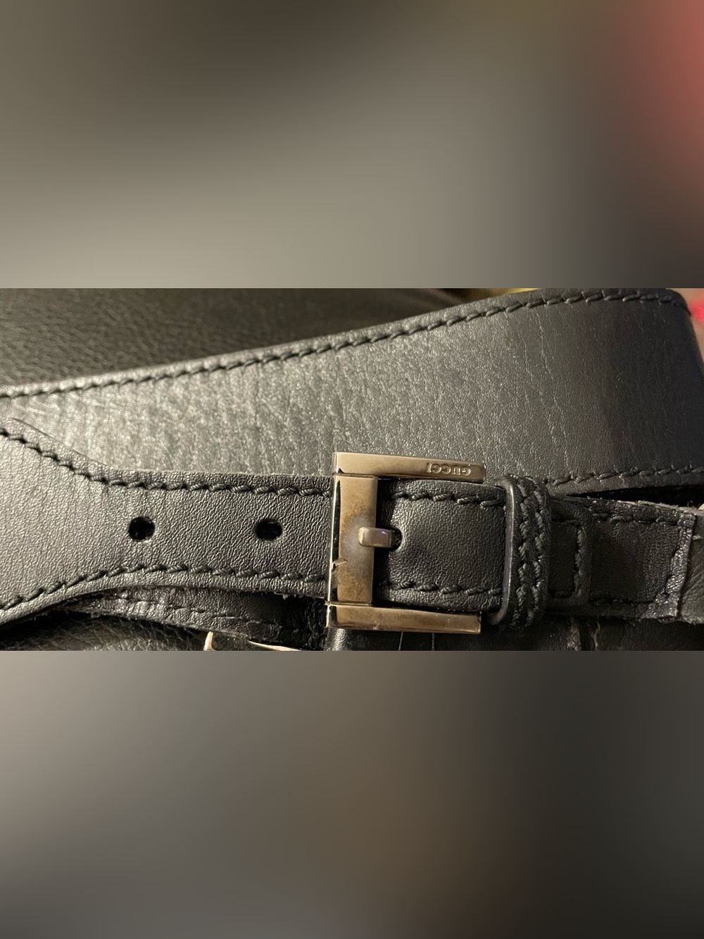 Gucci Black Leather Strap 
 with Brushed Metal Buckle